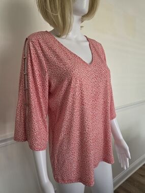 Michael Kors Pink-Red Patterned V-Neck Top with Bar-Detail Sleeves